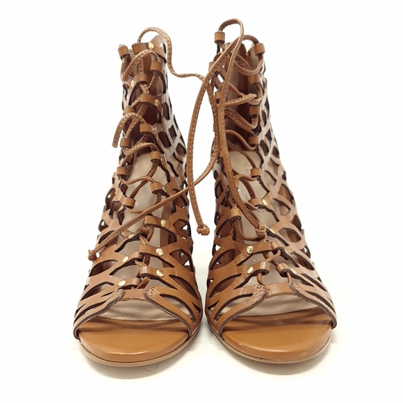 Aldo Tan Brown Leather Block Heels Cut Out Lace Up Shoes UK 4.5 EU 37.5 Back Zip - Picture 3 of 8